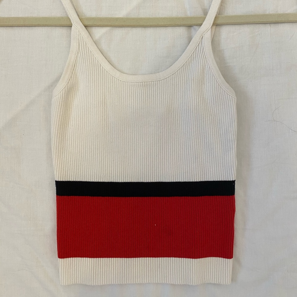 white cropped tank top with black and red stripes
